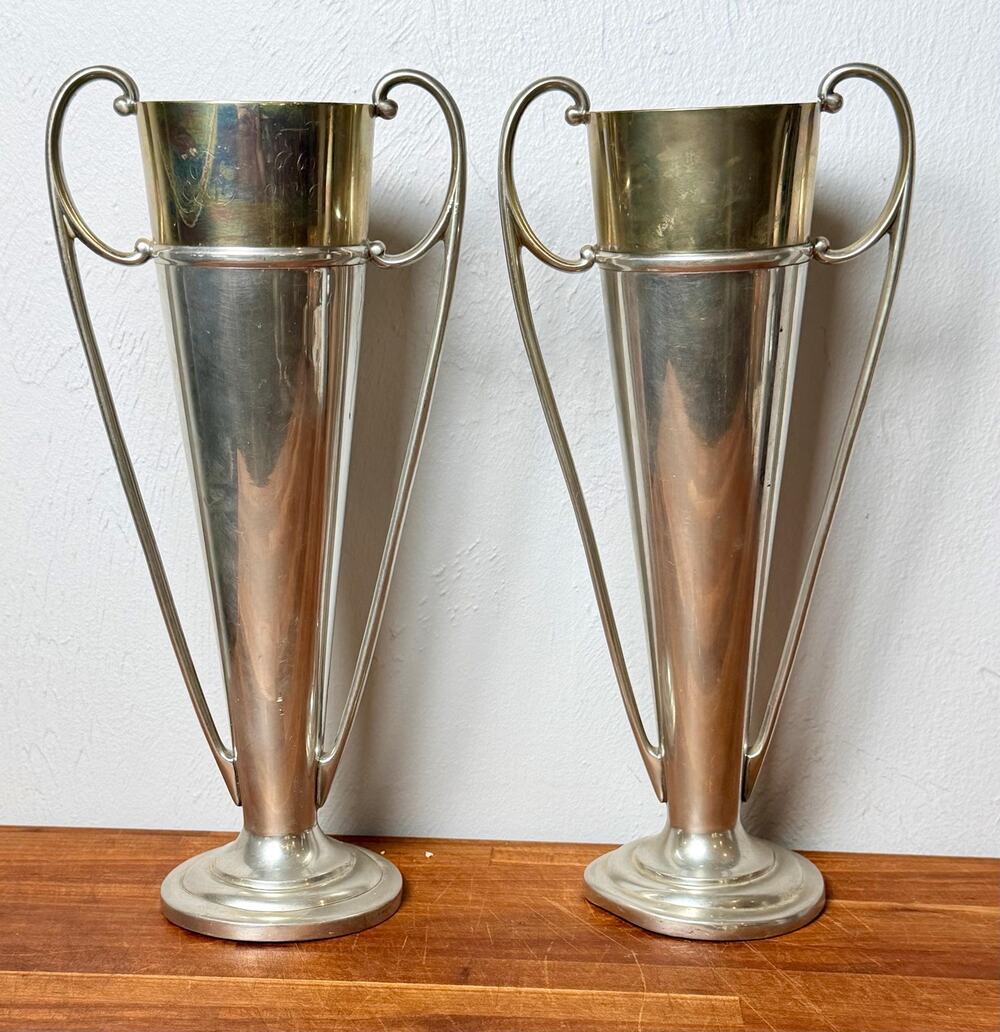 Antique Derby Silver Plate Trophy Vases | Art Nouveau Loving Cup Pair (10" Tall)
